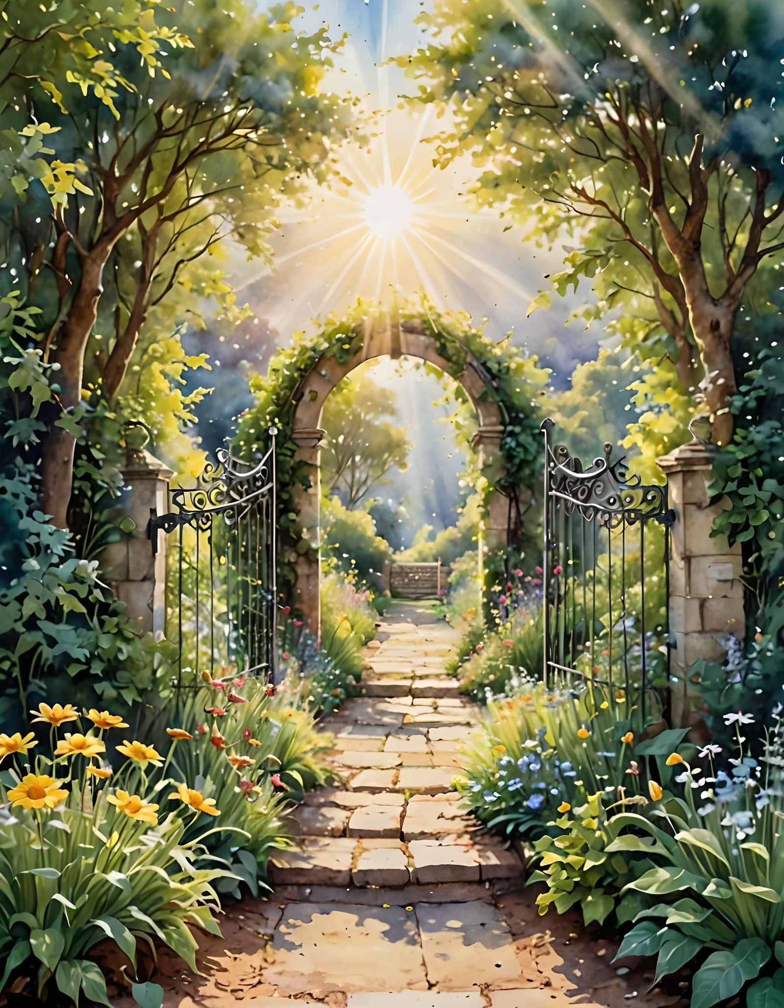 Secret Garden Gateway in Watercolor Style