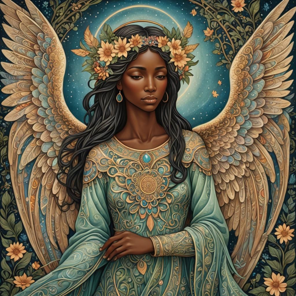 Melanin Angel in Secret Garden, Whimsical Art