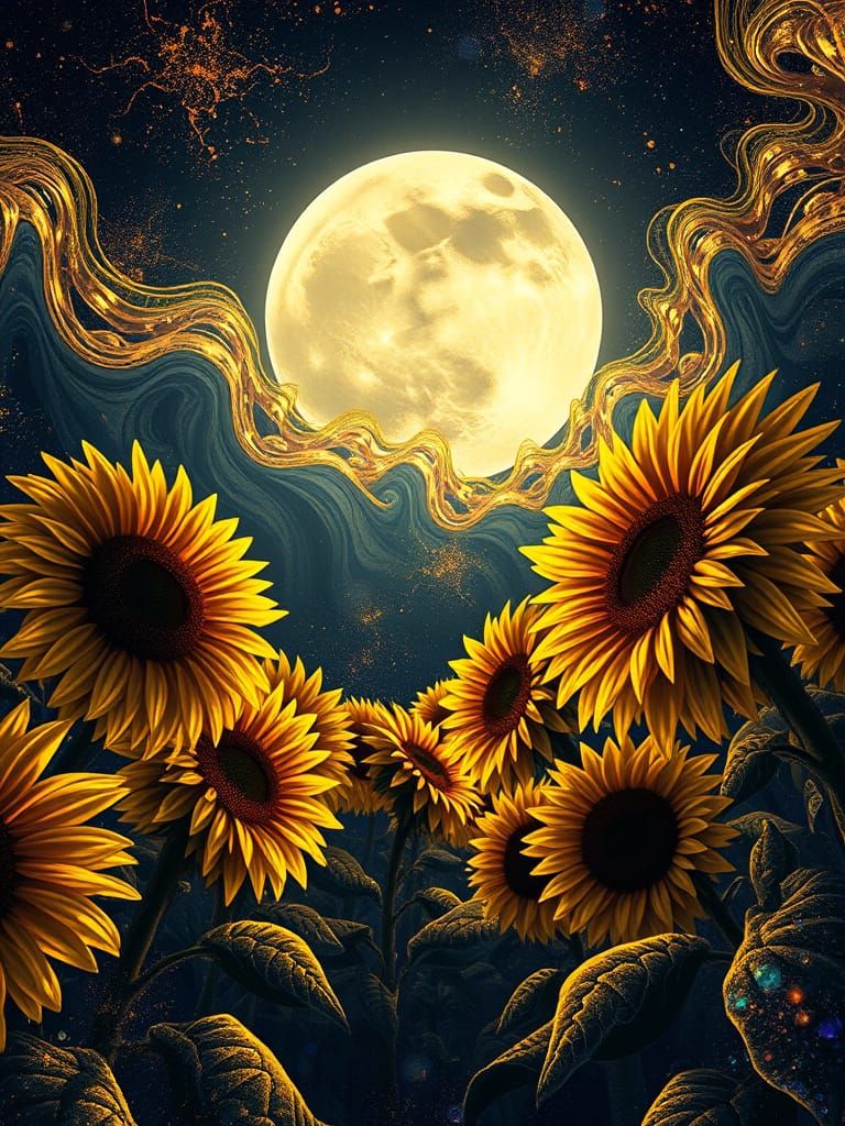 Giant Golden Sunflowers Under a White-Hot Moon