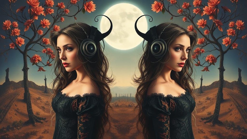 Surreal Mirrored Portrait: Gothic Sci-Fi Fantasy
