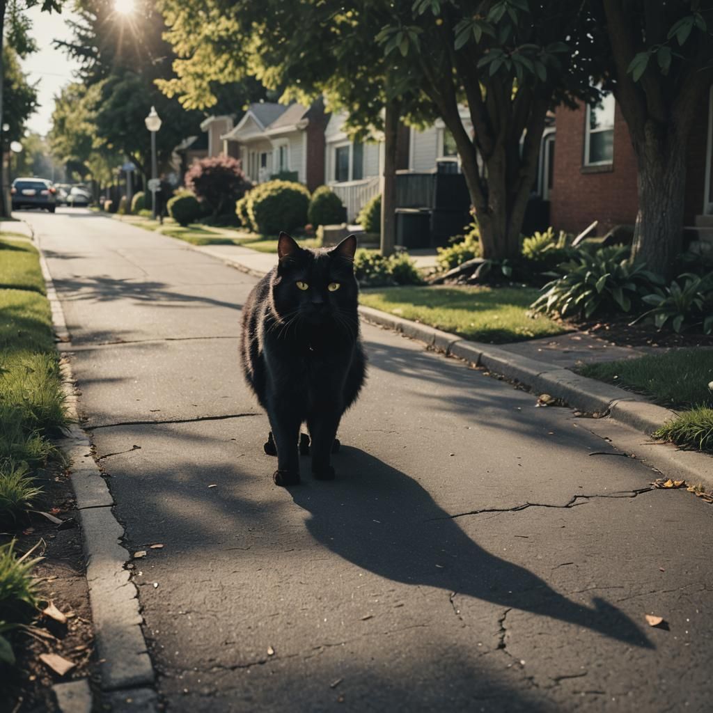 Fluffy Black Cat in Suburban Street: Cinematic Film Still