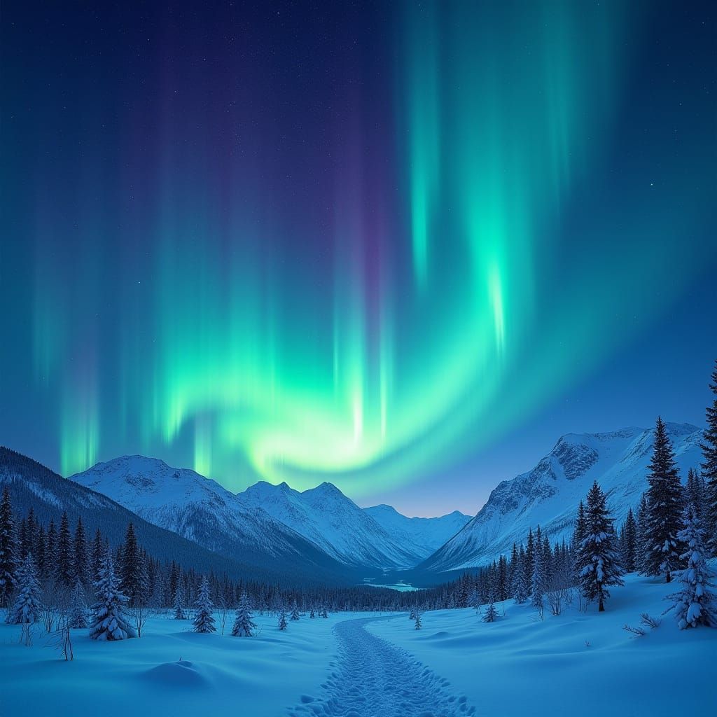 Ethereal Aurora Borealis Over Snowy Mountains