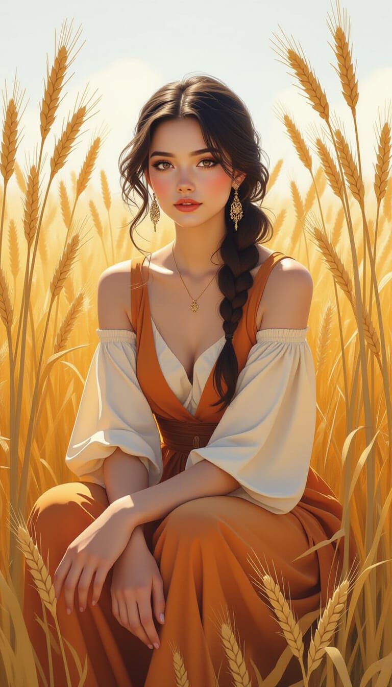 Opalescent Woman in Crystalline Wheat Field