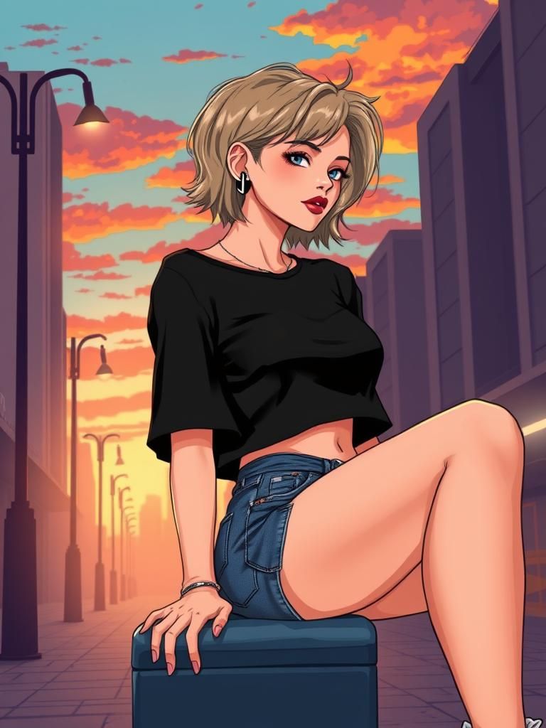 Stylish Woman in Urban Sunset: Digital Illustration