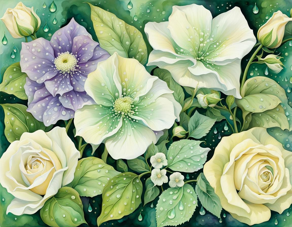 Abstract Watercolor Painting of White Flowers