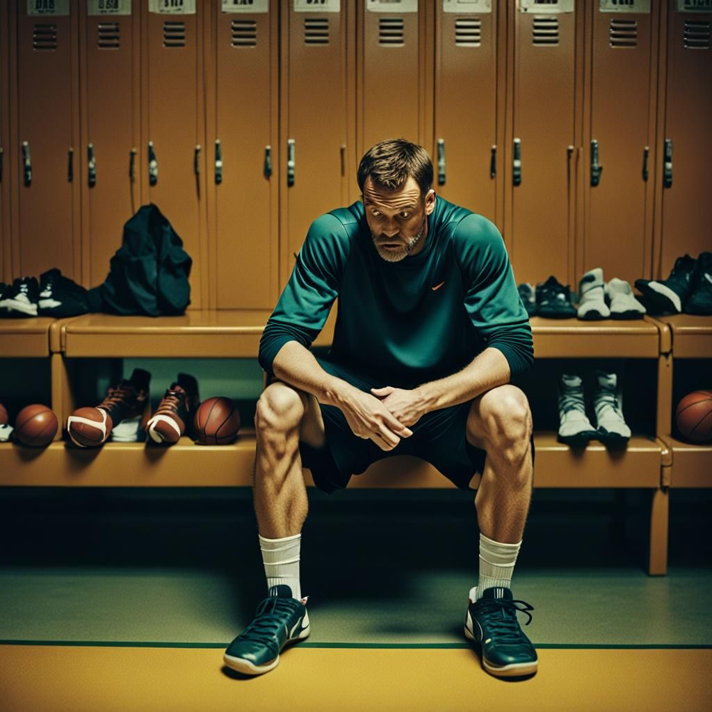 Angry Basketball Player in Locker Room: Cinematic Still