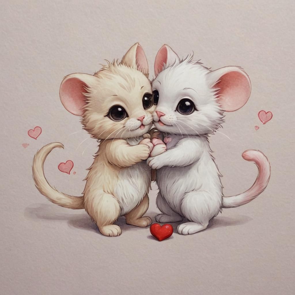 Chibi Furry Cat and Mouse in Love