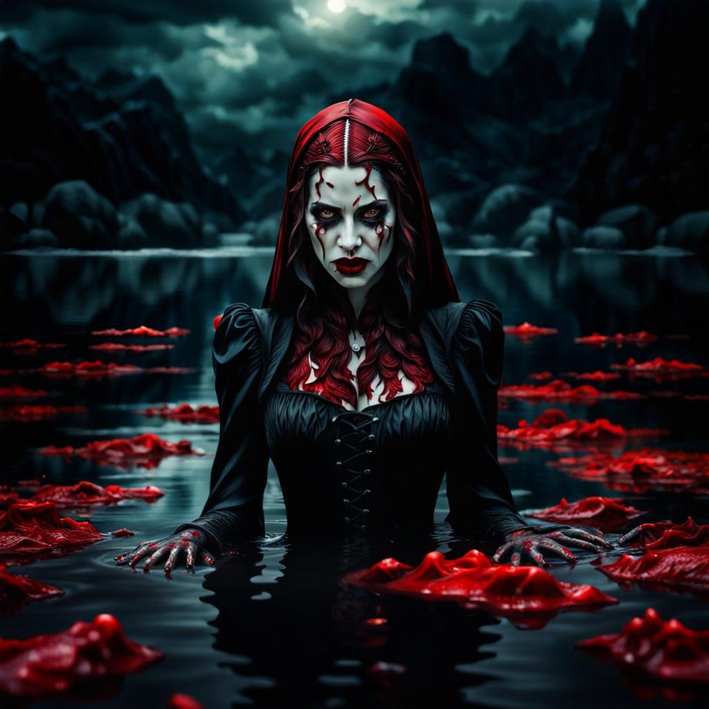 Vampire Lady Drowning in Lake of Blood