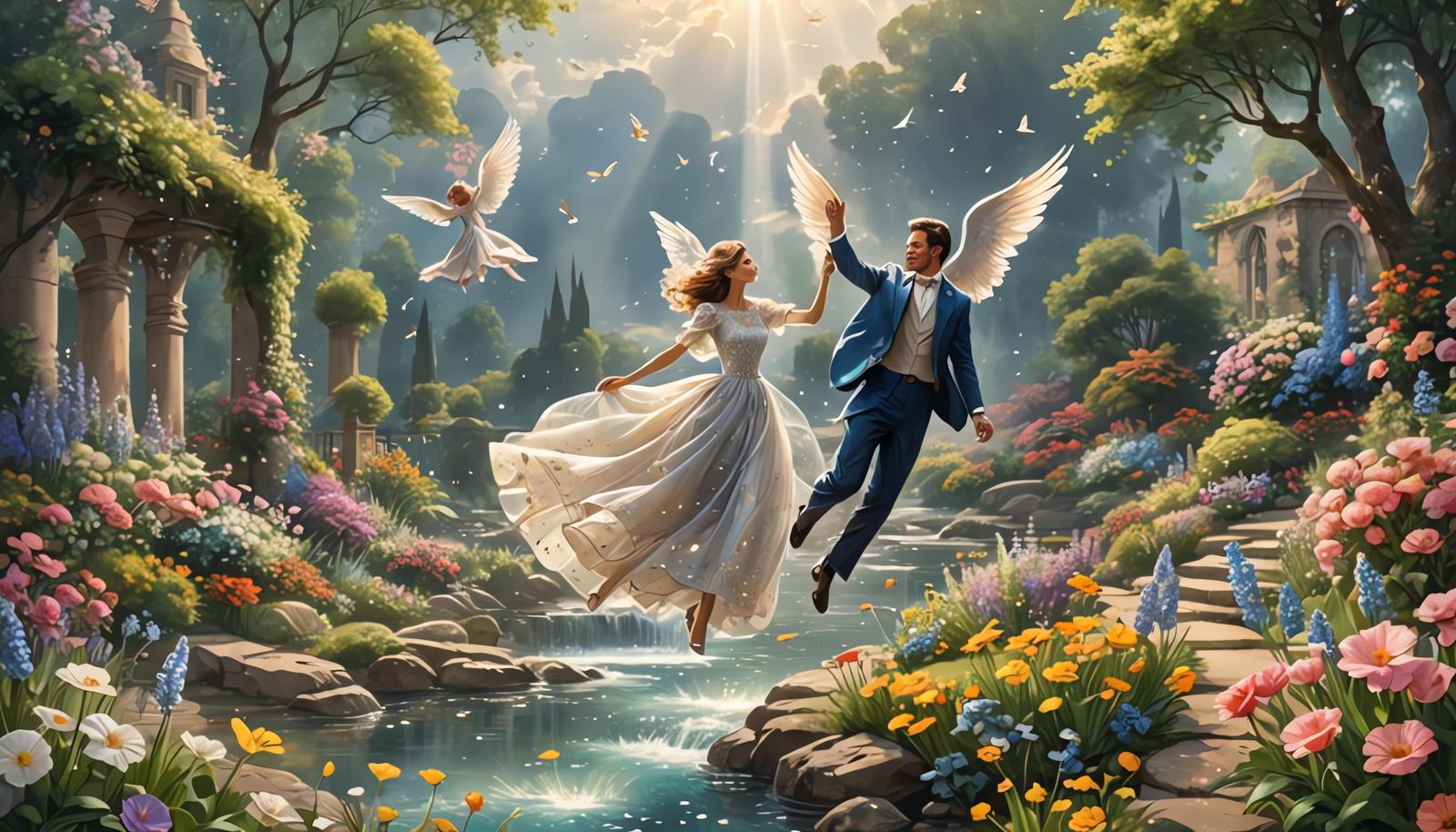 Couple Flying in Heaven with Diamond Dress