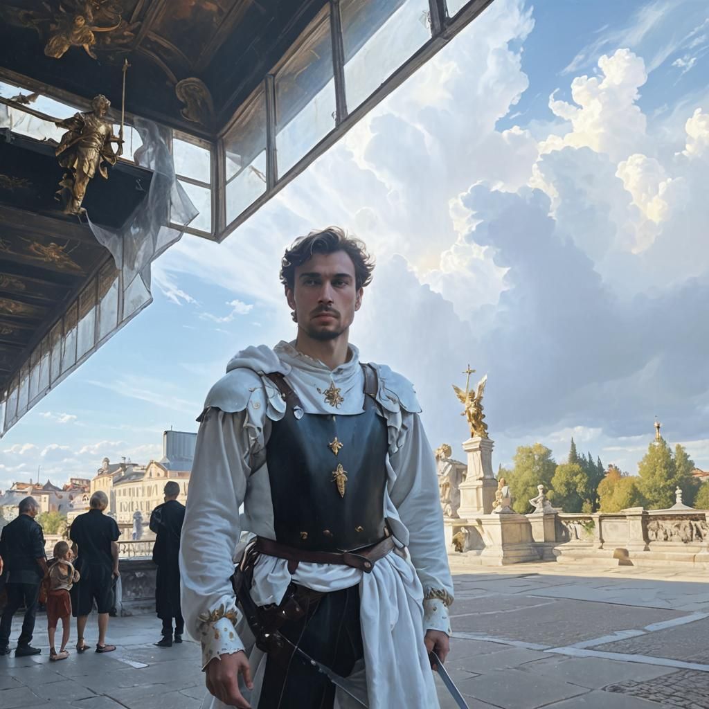 Baroque Angel with Sword and Shield in Gold Light