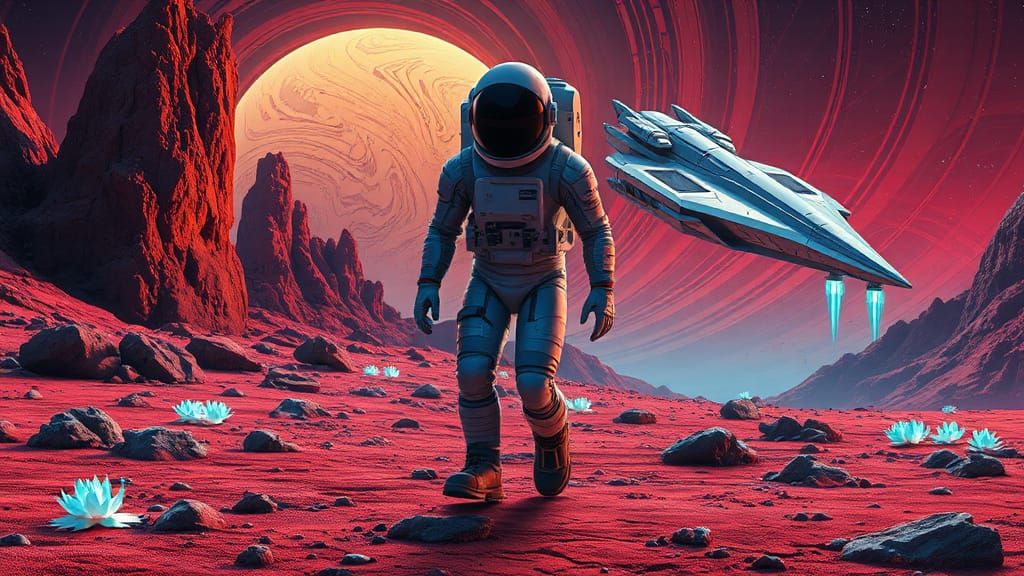 Astronaut's Retro-Futuristic Exploration of Alien Planet