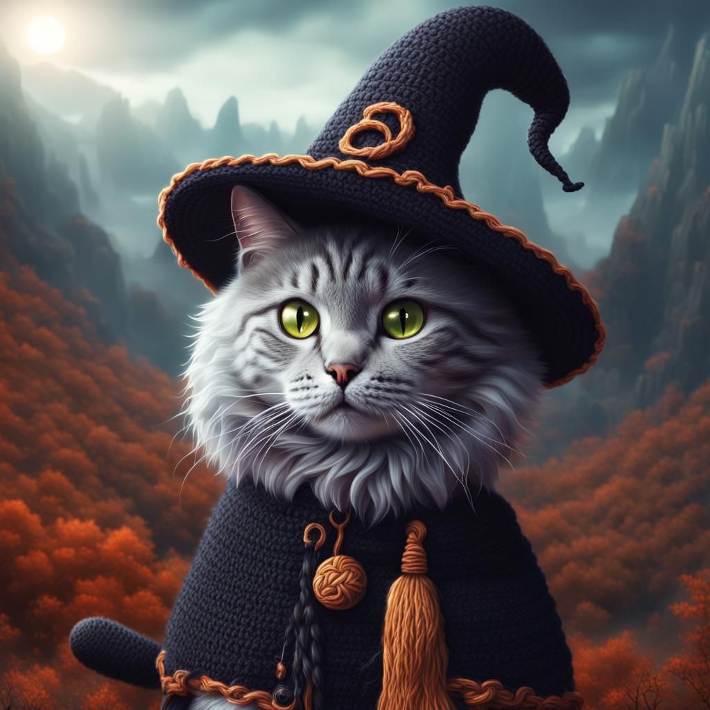 Crochet Cat in Witch Hat: Digital Matte Painting