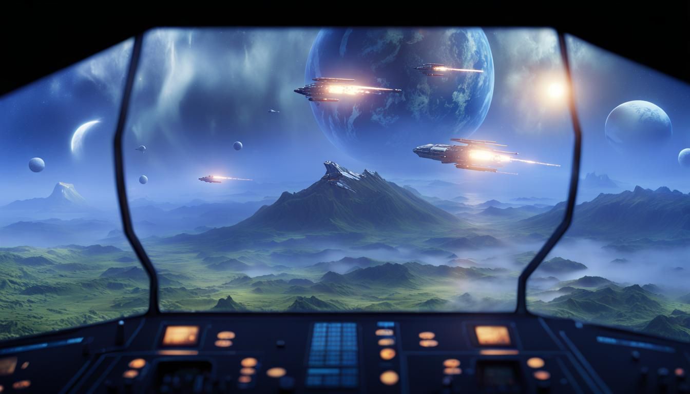 Earth Under Attack: Spaceship View in Detailed Digital Paint...