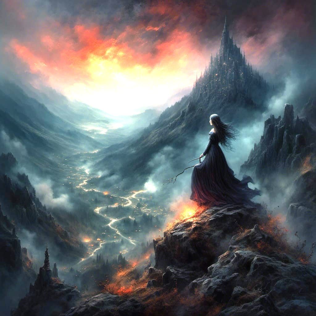 Mountain Witch Casting Spell on Village