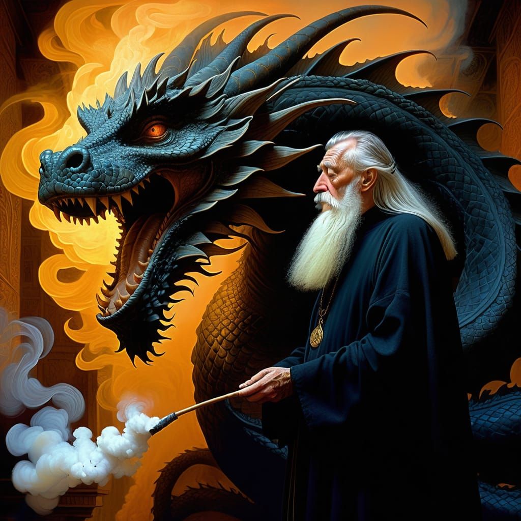 Mystical Wizard Tames a Sleeping Dragon in Hyperrealistic Oi...