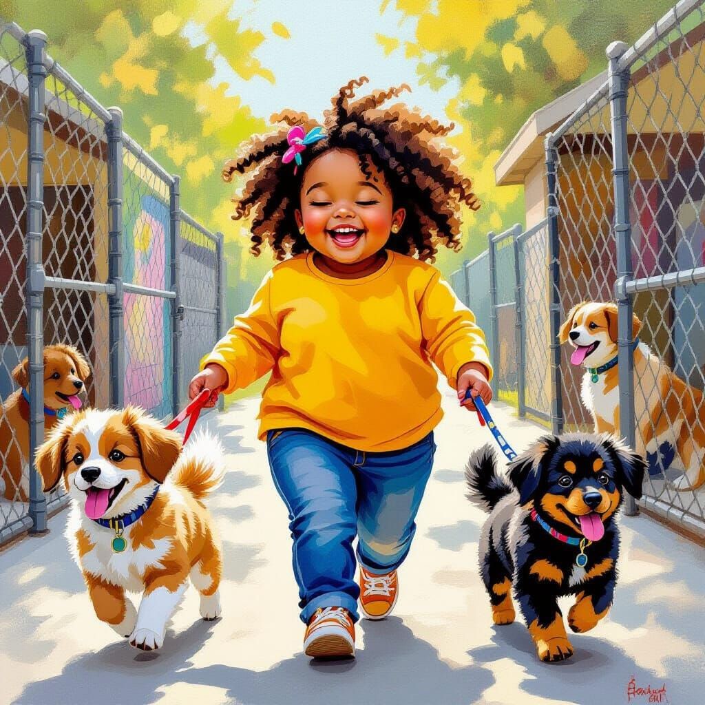 Joyful Girl Walks Shelter Dogs in Vibrant Gouache Style