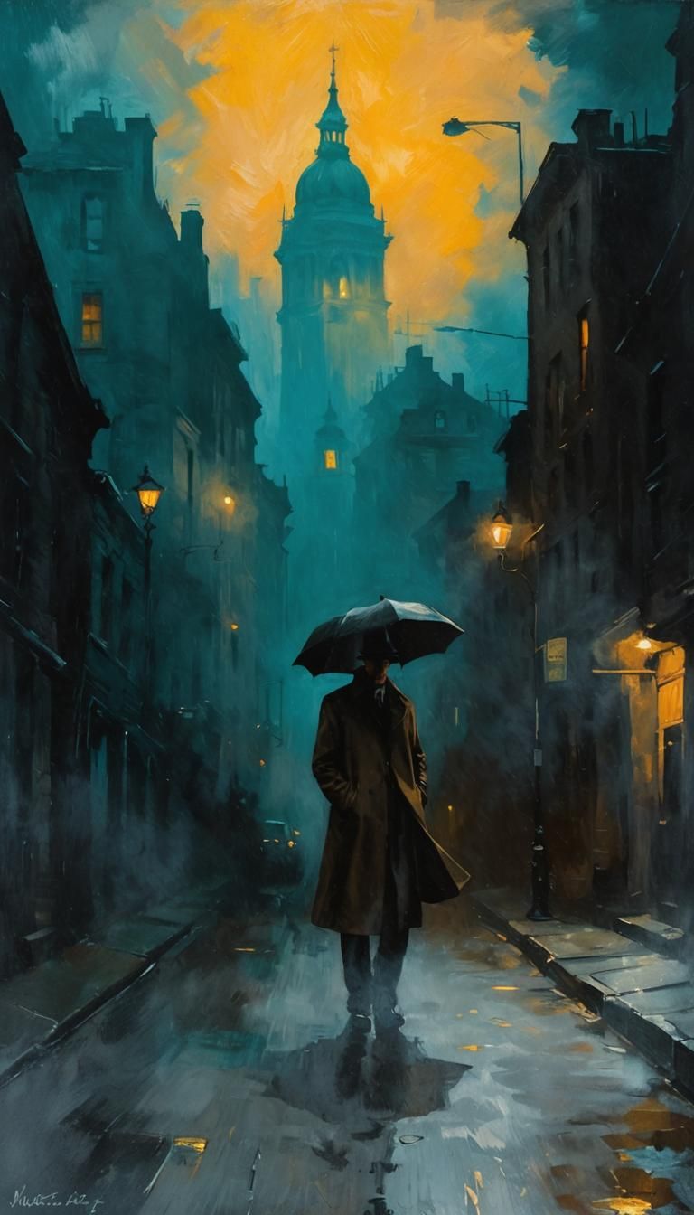 Noir Detective in Rainy Alleyway Oil Painting
