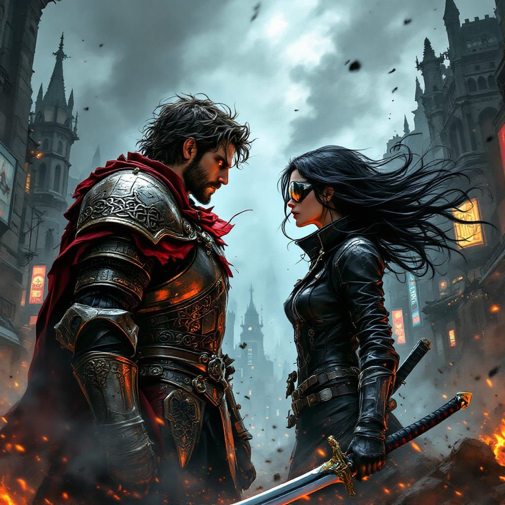 Siblings Clash in Cyberpunk Medieval Cityscape