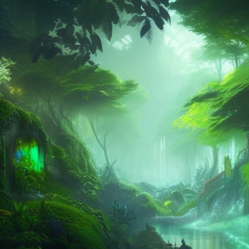 Vibrant Neon Leafy Dream: Detailed Matte Painting