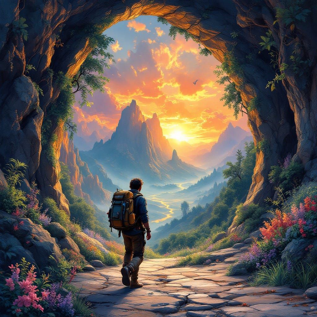 Explorer Enters Portal to Lush Fantasy Landscape