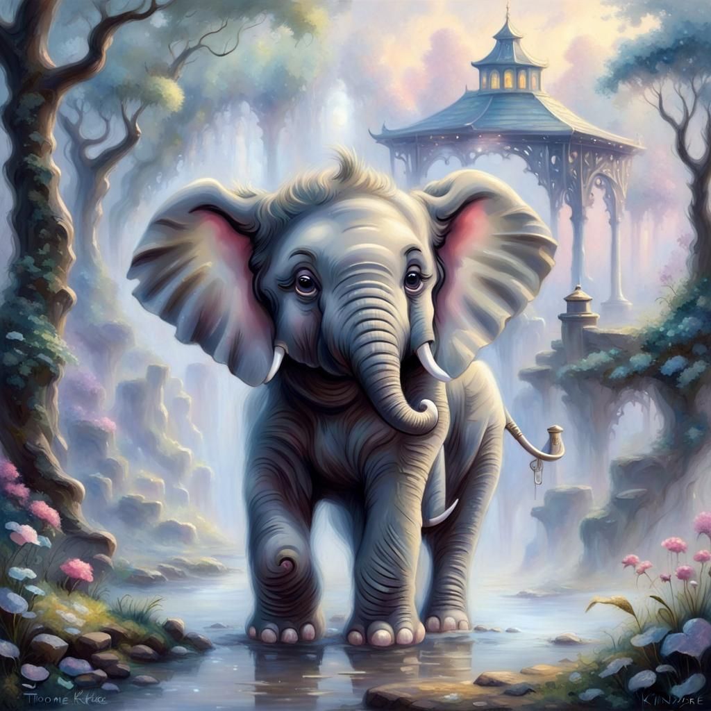 Ethereal Cute Elephant in Fantasy Landscape