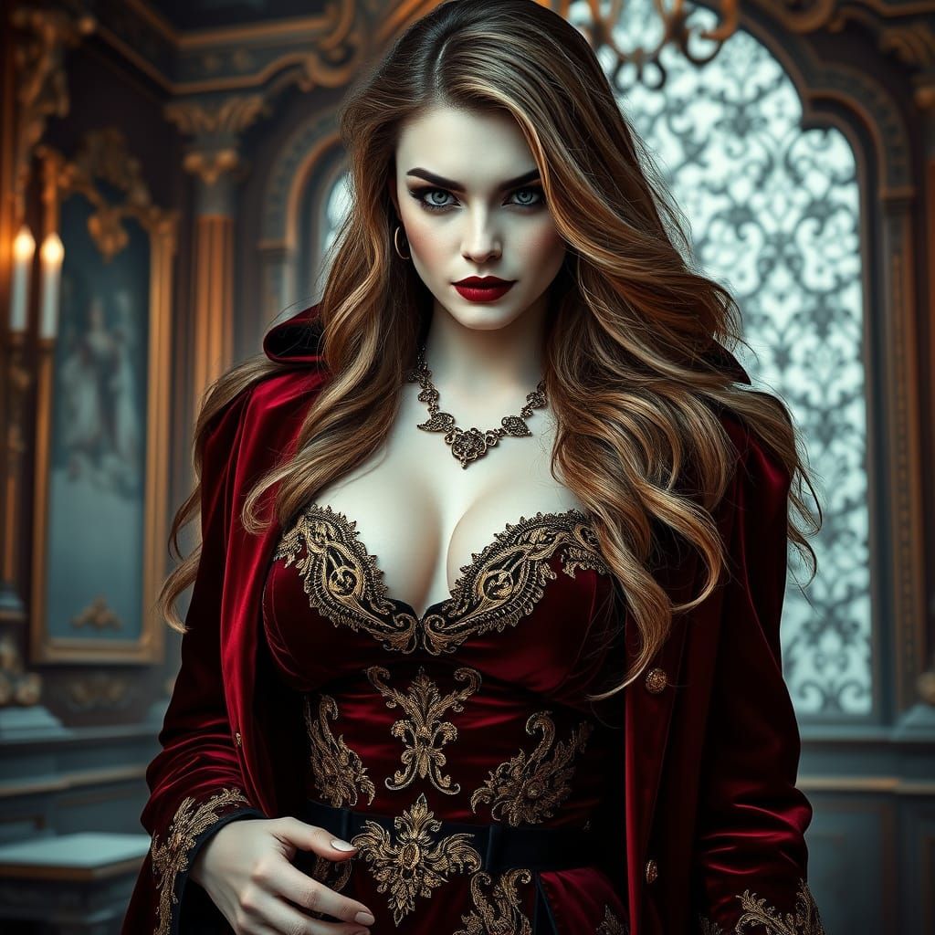 Gothic Vampire Goddess in Luxurious Deep Garnet Coat