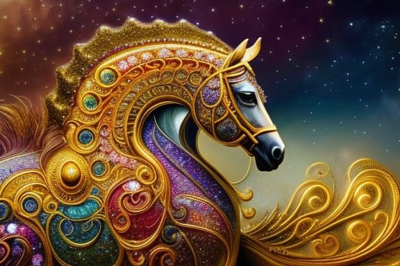 Golden Fractal Carousel Horse in Digital Oil Painting