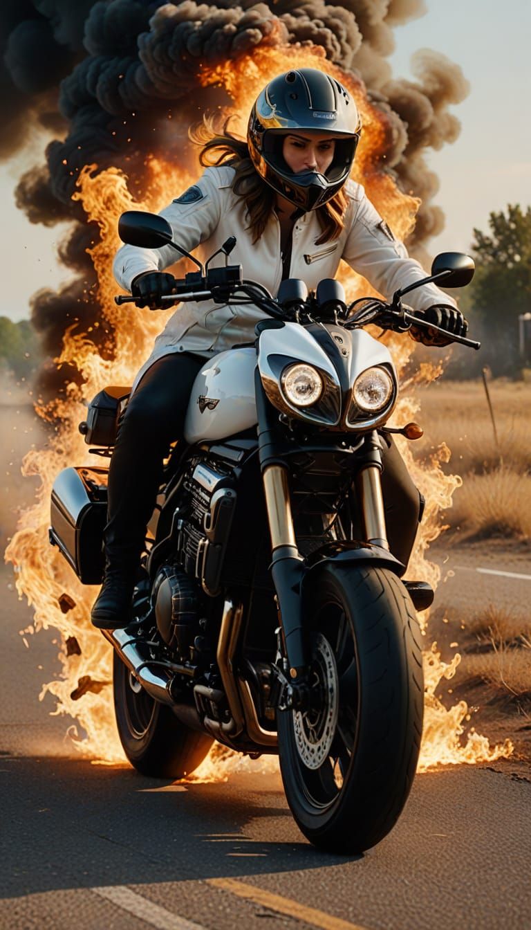 Motorcycle Rider in Flames: Hyper-Realistic Digital Art
