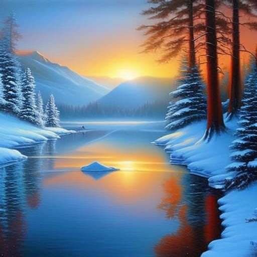 Gorgeous Winter Landscape with Red Bird in Oil