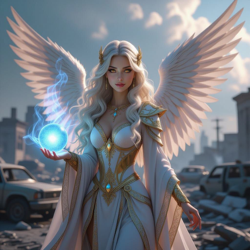 Angelic Figure Amidst Destruction as 3D Game Art