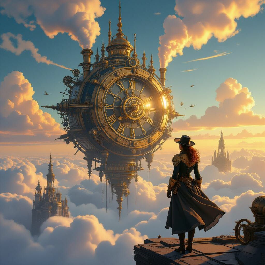 Victorian Explorer Views Clockwork City in Clouds