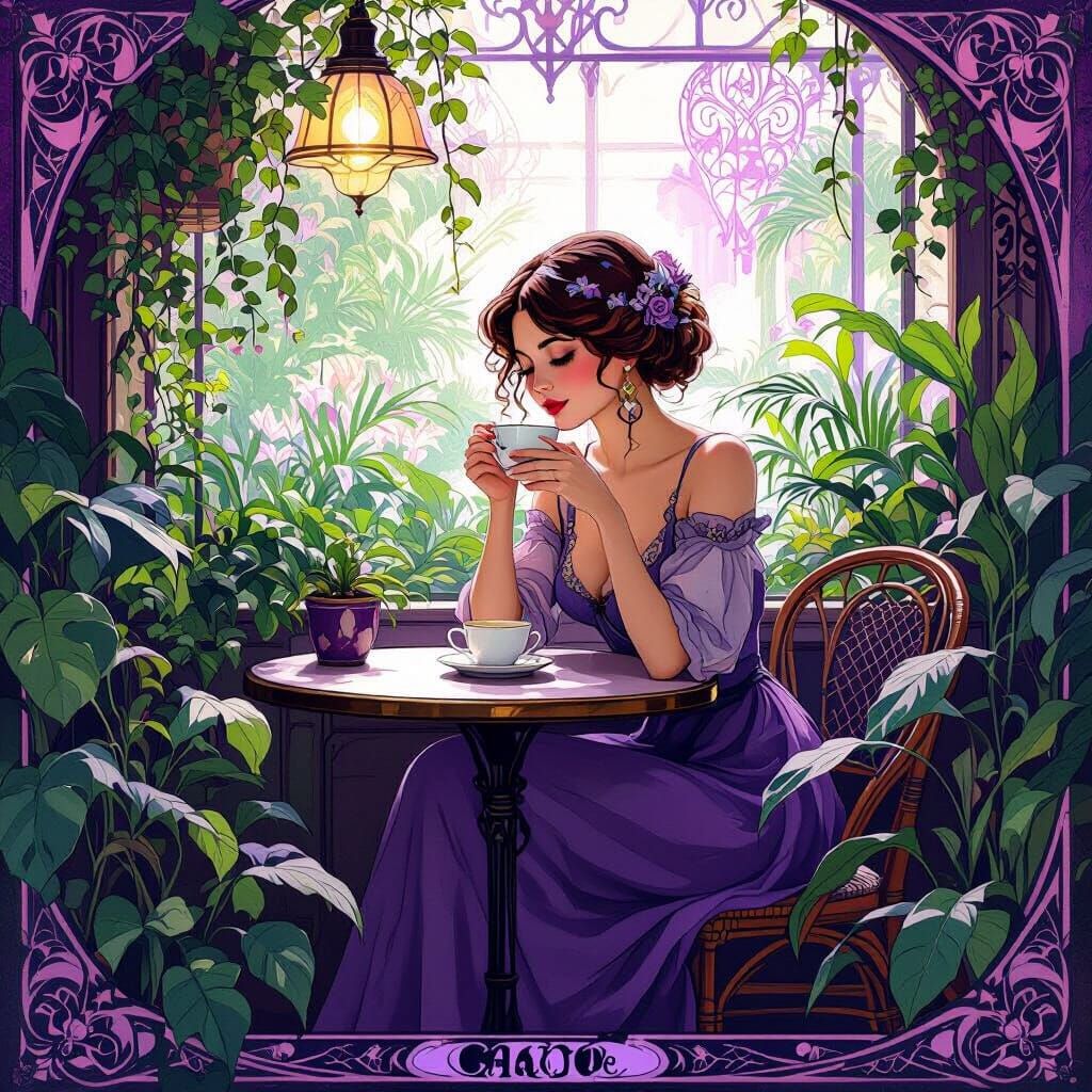 Cozy Violet Cafe in Art Nouveau Style