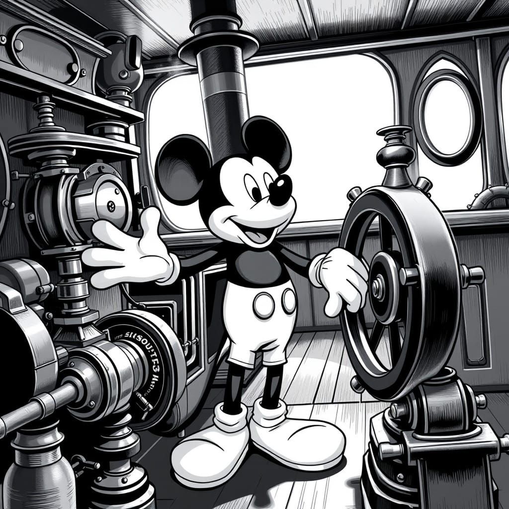 Mickey Mouse at the Helm of Steamboat Willie in Classic Disn...