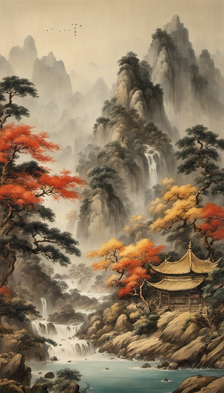 Chinese Landscape Painting with Mountain Range and River