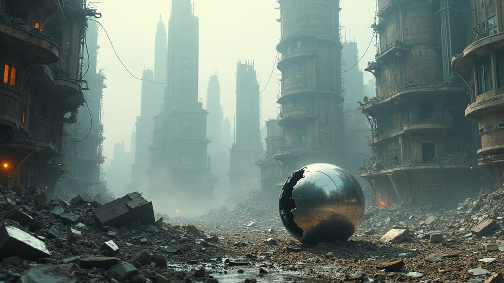 Dystopian Cityscape with Shattered Utopia, Hyperrealistic