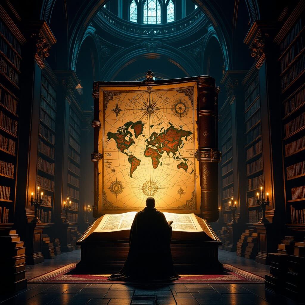 Scholar Reads Glowing Tome in Vast Dark Fantasy Library
