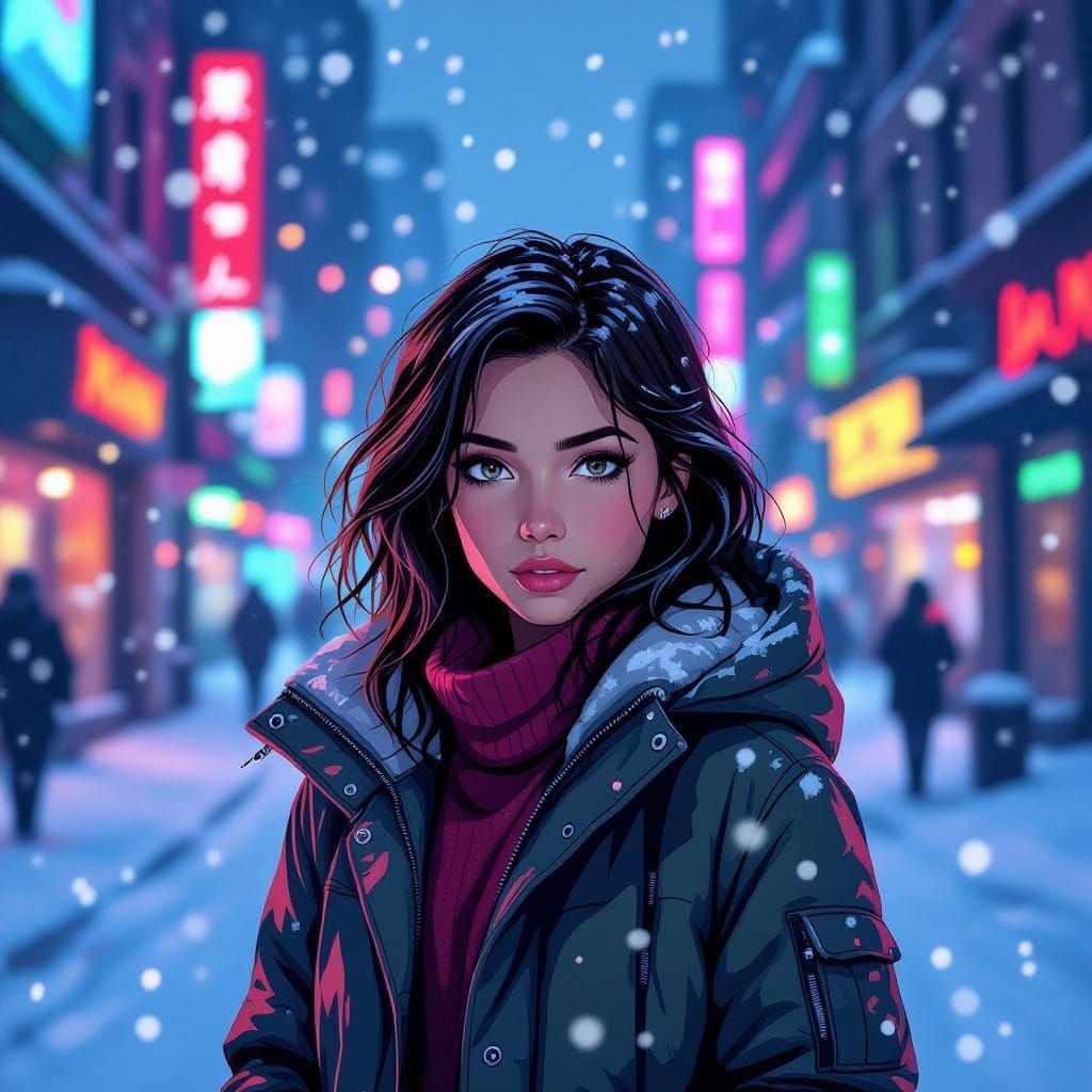 Cyberpunk Girl in Neon Snowscape, Lichtenstein Style