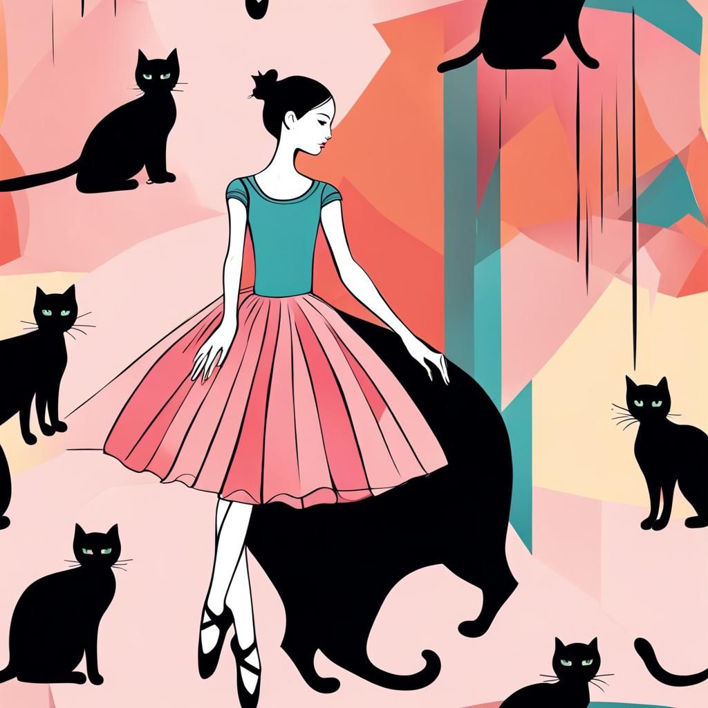 Ballerina and Black Cat in Abstract Art