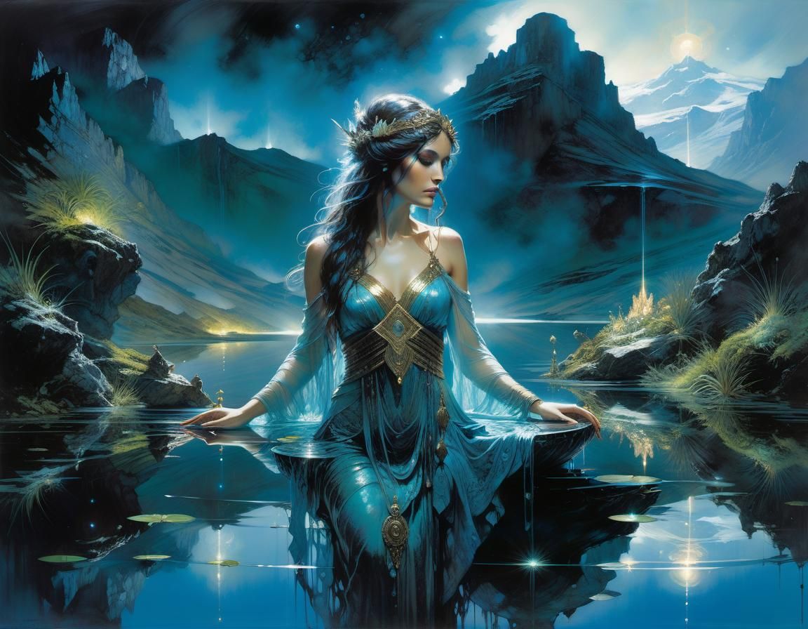 Bioluminescent Goddess and Reflection in Dark Fantasy Style