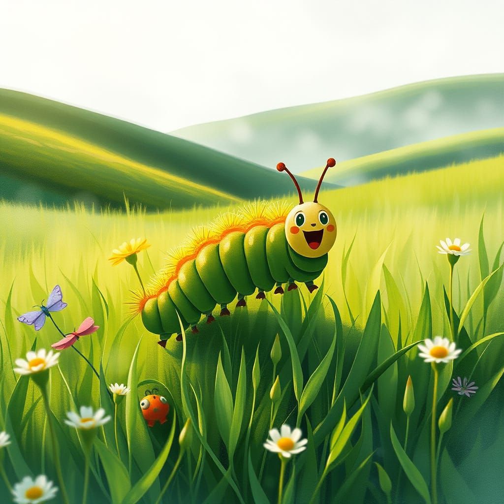 Excited Caterpillar in Misty Landscape, Watercolor Style