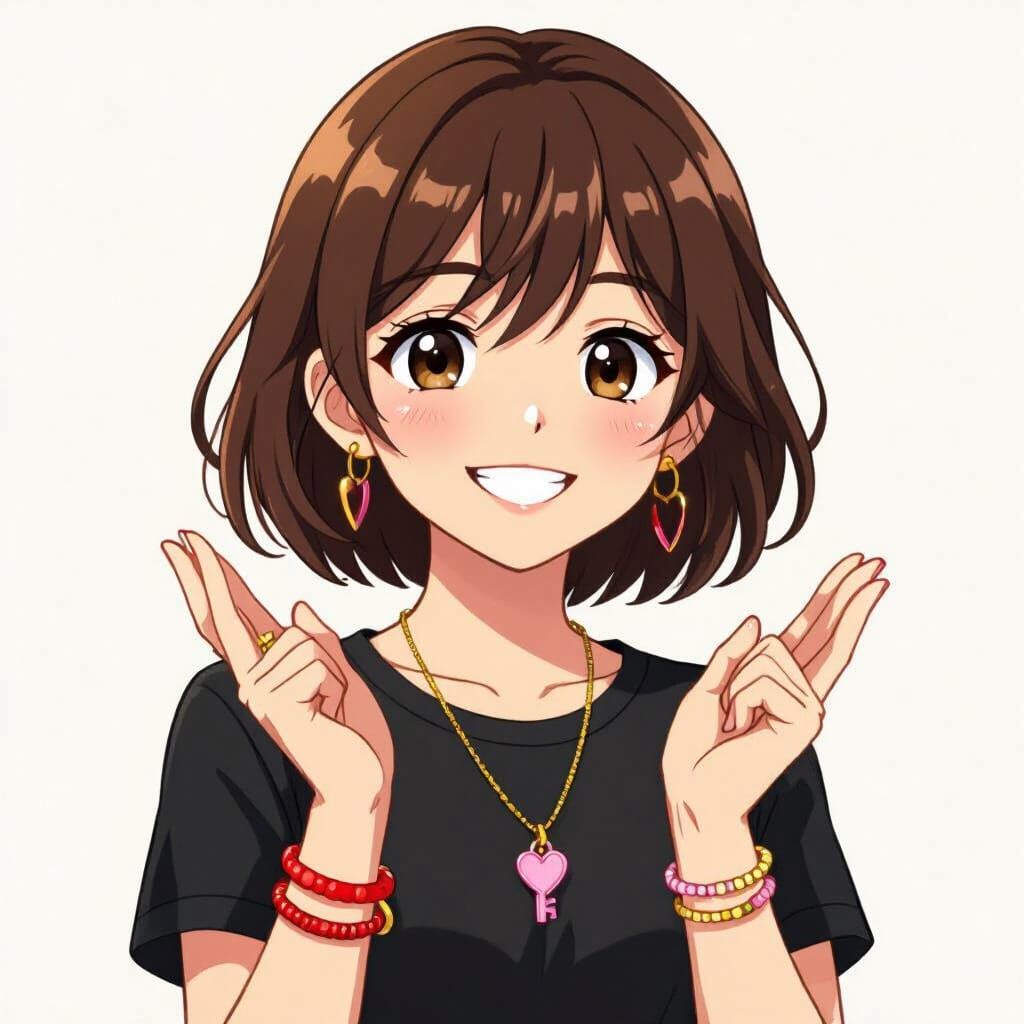 Joyful Anime Girl with Pink Key Charm Necklace