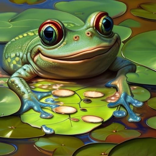 Smiling Frog Portrait on Lily Pad in Splash Art Style
