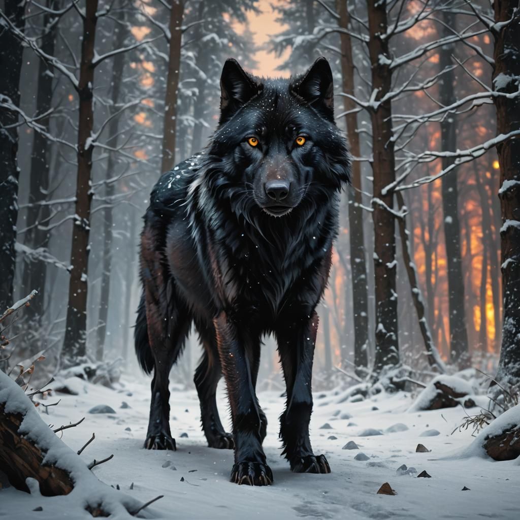 Black Wolf in Snowy Forest: Hyperrealistic Splash Art
