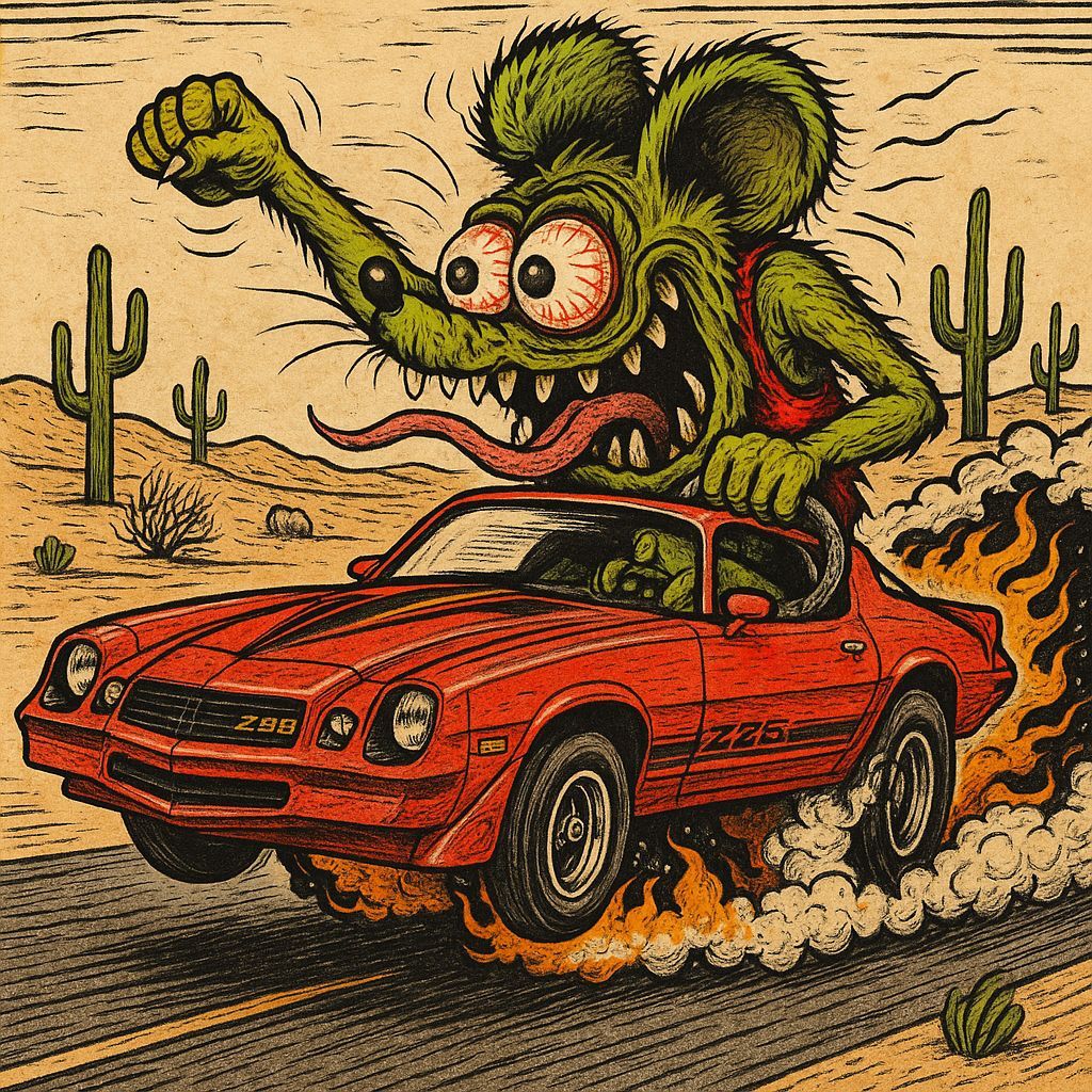 Ratfink Monster Driving Camaro in Hot Rod Style
