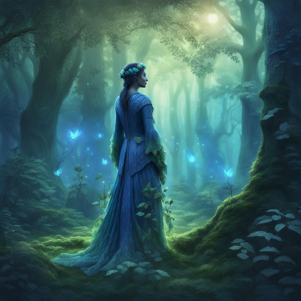 Blue Leaf Woman in Mystical Forest Glade
