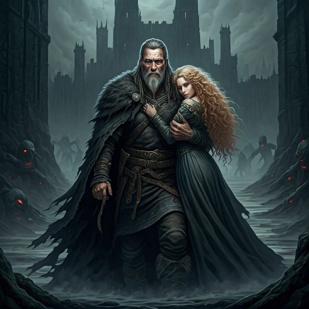 Viking Warlord Emerges from Dark Fog with Captive Maiden