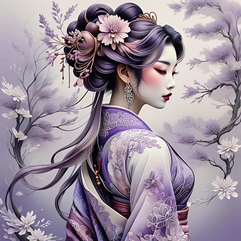 Geisha with Lavender and Zentangle Details in Watercolour