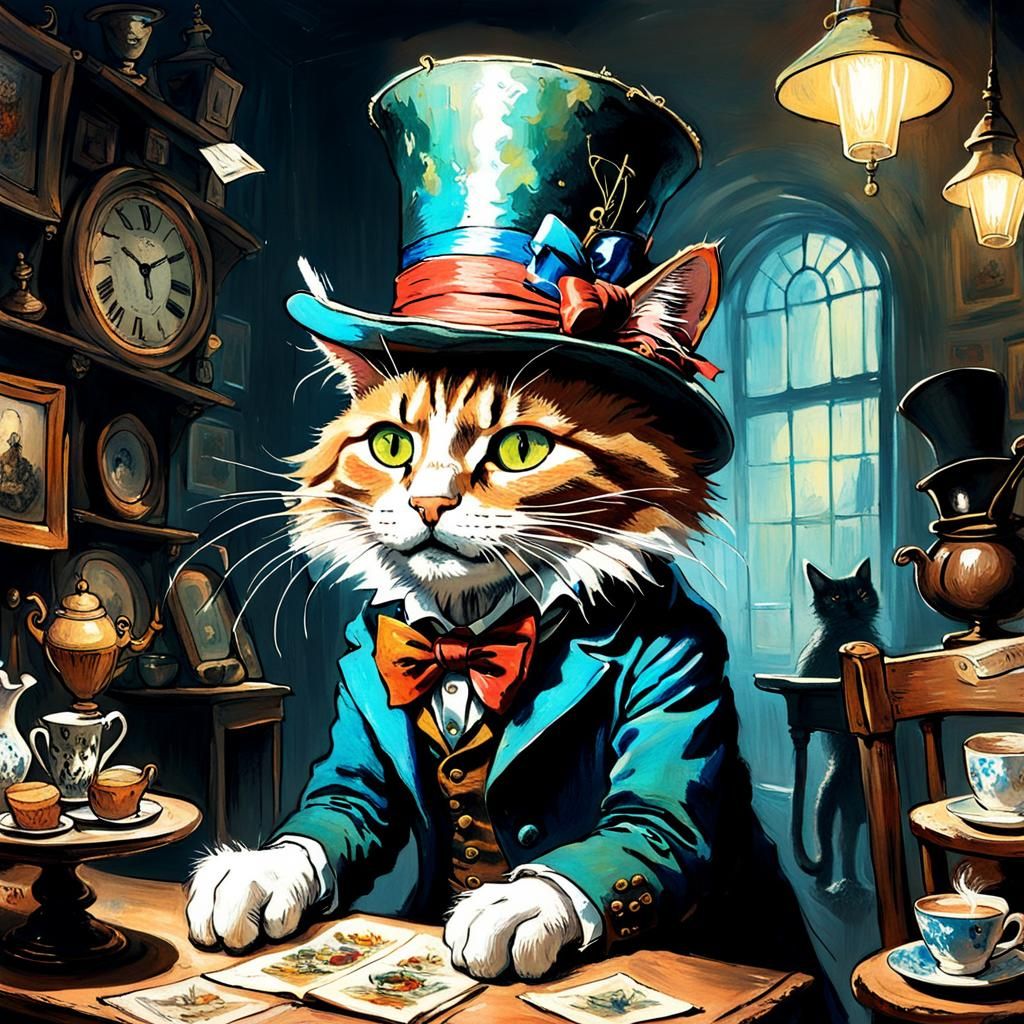 Chester Cat as Mad Hatter in Impressionist Style