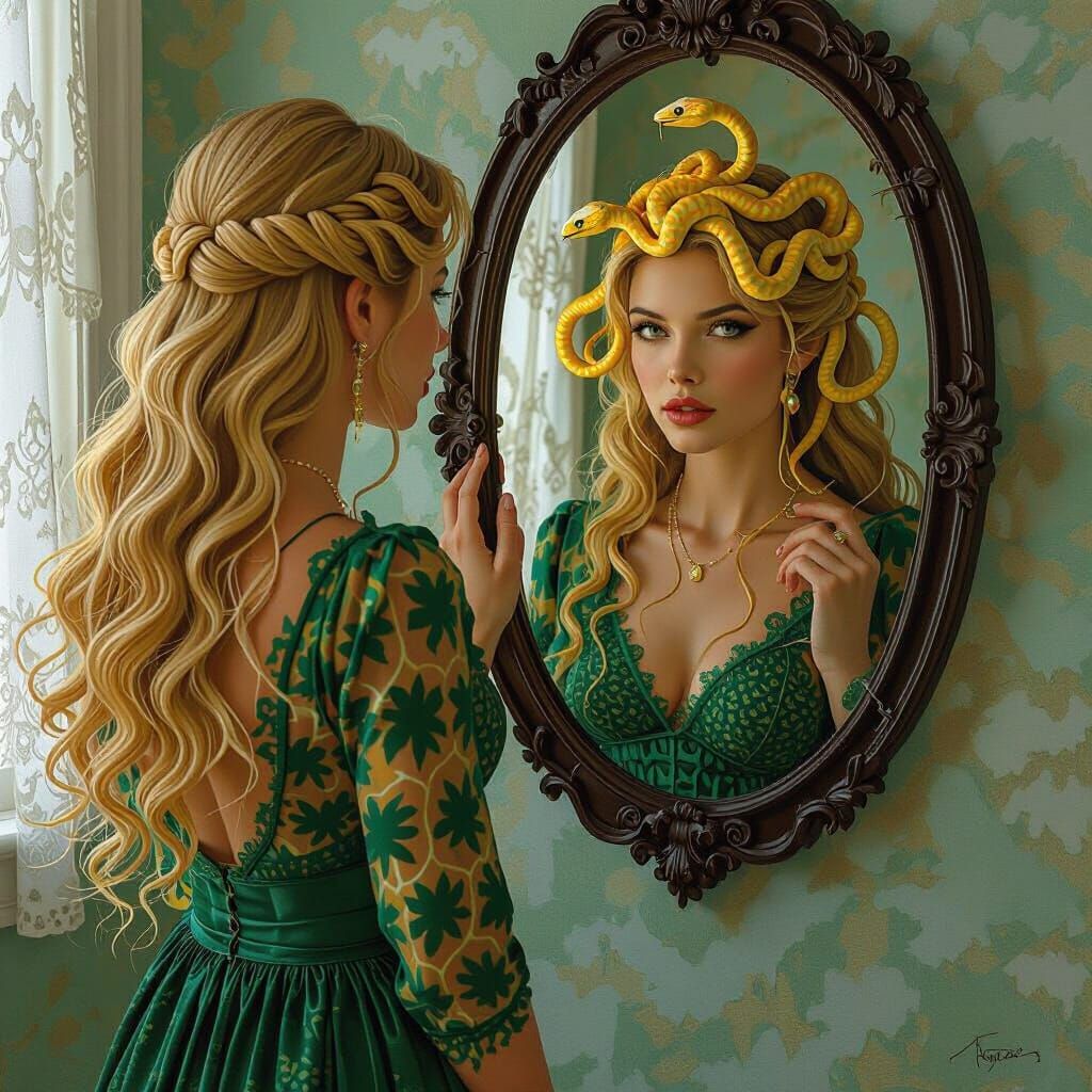 Woman's Reflection Transforms Into Medusa with Snakes