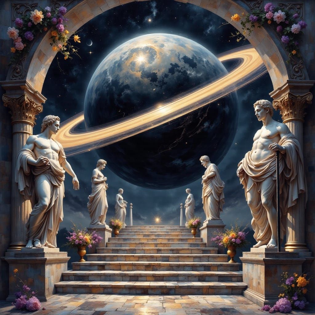 Saturn's Rings Above Greek Statues in Dark Fantasy Oil Paint...